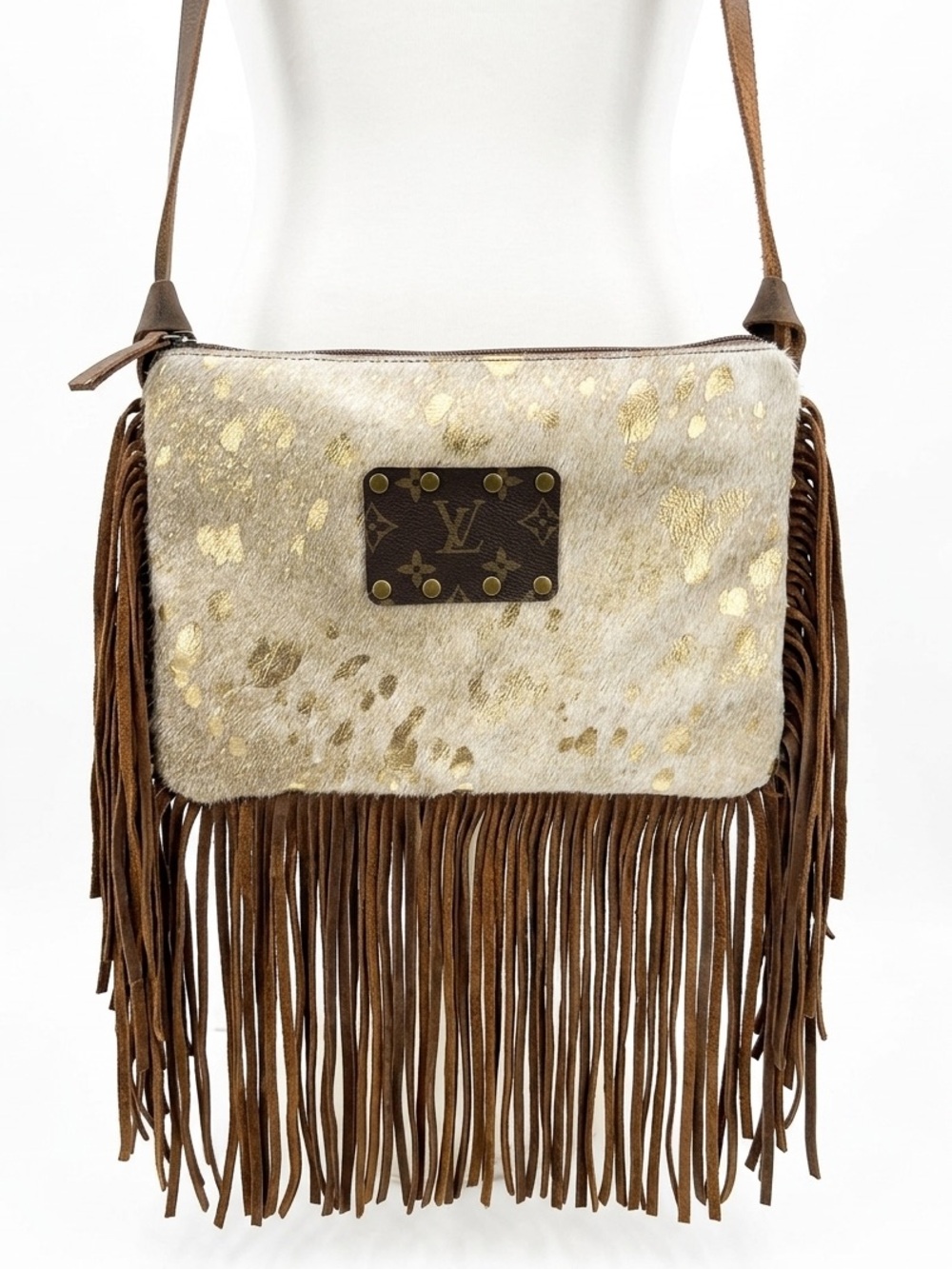 NWOT Upcycled LV Leather Accent on Cowhide & Leather Fringe Crossbody Bag